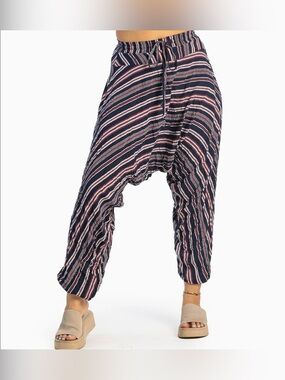 Buddha Pants Savannah Summer Harem Pants Womens S Navy Blue Striped Boho Travel